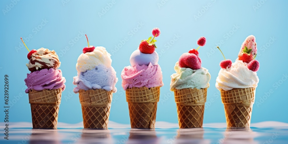 Poster a row of ice cream cones with cherries on top. generative ai.