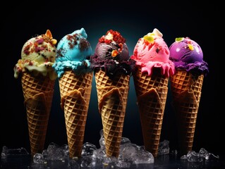 A row of ice cream cones with different flavors. Generative AI.
