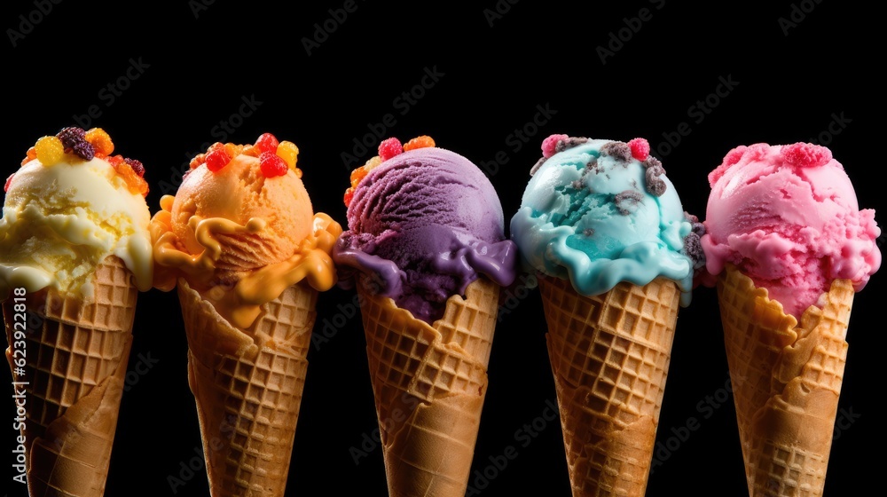 Aufkleber a row of ice cream cones with different flavors. generative ai.