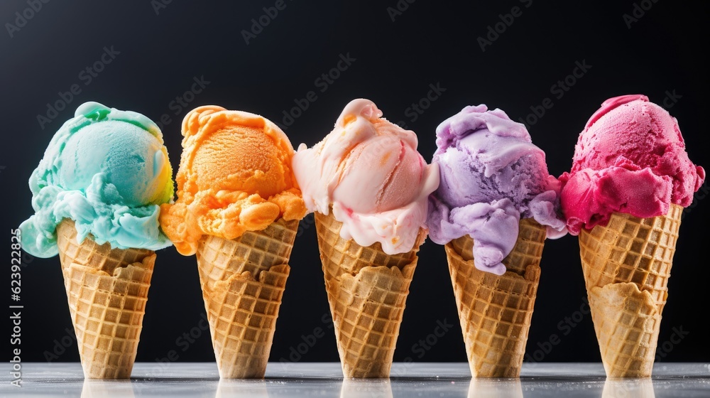 Poster five ice cream cones lined up in a row. generative ai.