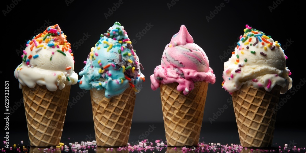 Poster a row of ice cream cones with sprinkles. generative ai.