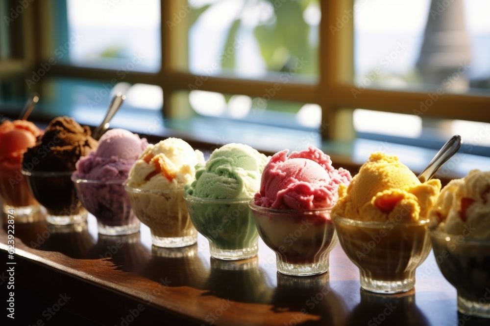 Aufkleber a row of glasses filled with different types of ice cream. generative ai.