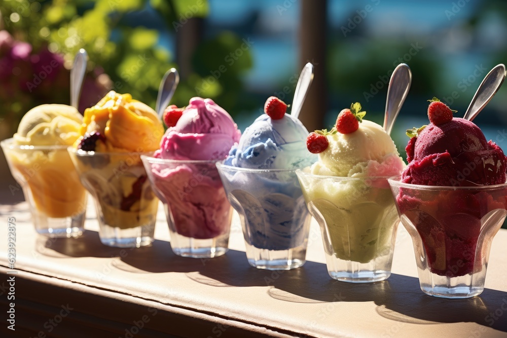 Aufkleber a row of glasses filled with different types of ice cream. generative ai.