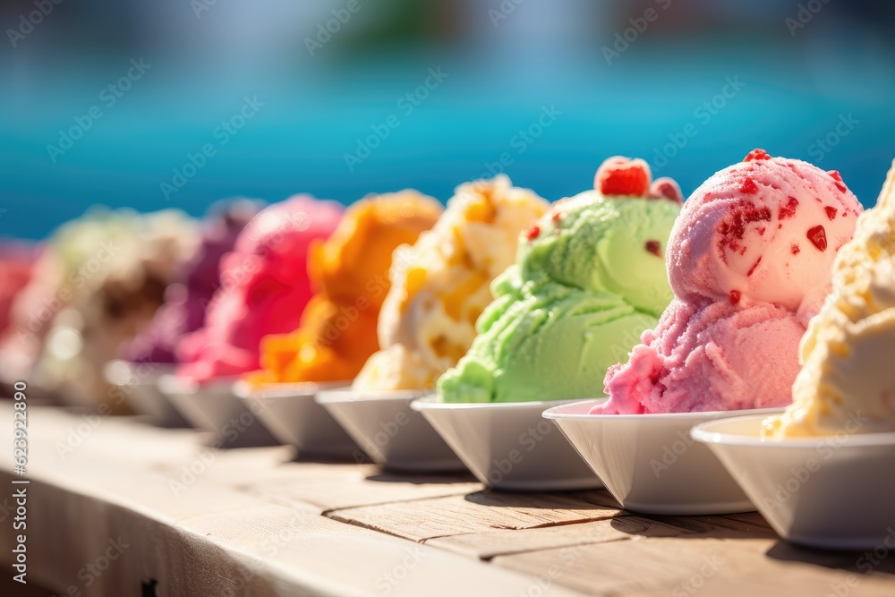 Poster a row of bowls filled with different colored ice cream. generative ai.
