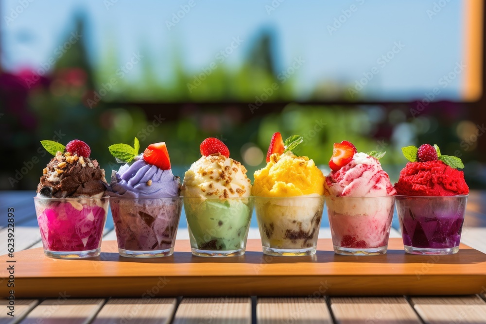 Aufkleber a row of glasses filled with different types of ice cream. generative ai.