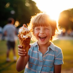 A little girl holding an ice cream cone. Generative AI.