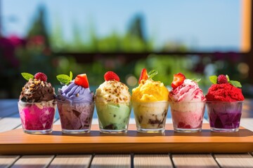 A row of glasses filled with different types of ice cream. Generative AI.