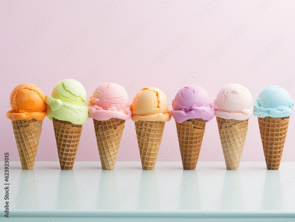 Poster a row of ice cream cones on a table. generative ai.