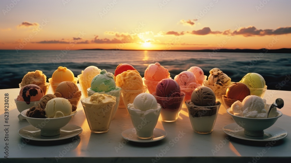 Aufkleber a row of ice cream cones sitting on top of a table. generative ai.