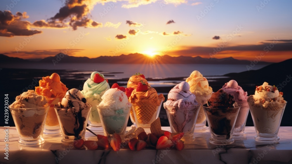 Poster a row of ice cream sundaes on a table. generative ai.