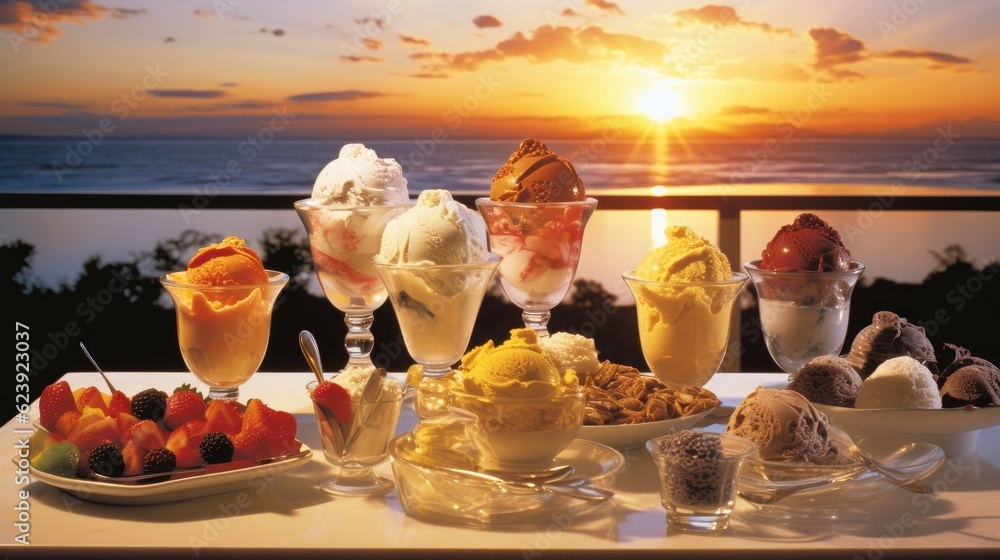 Poster a table topped with lots of different types of ice cream. generative ai.