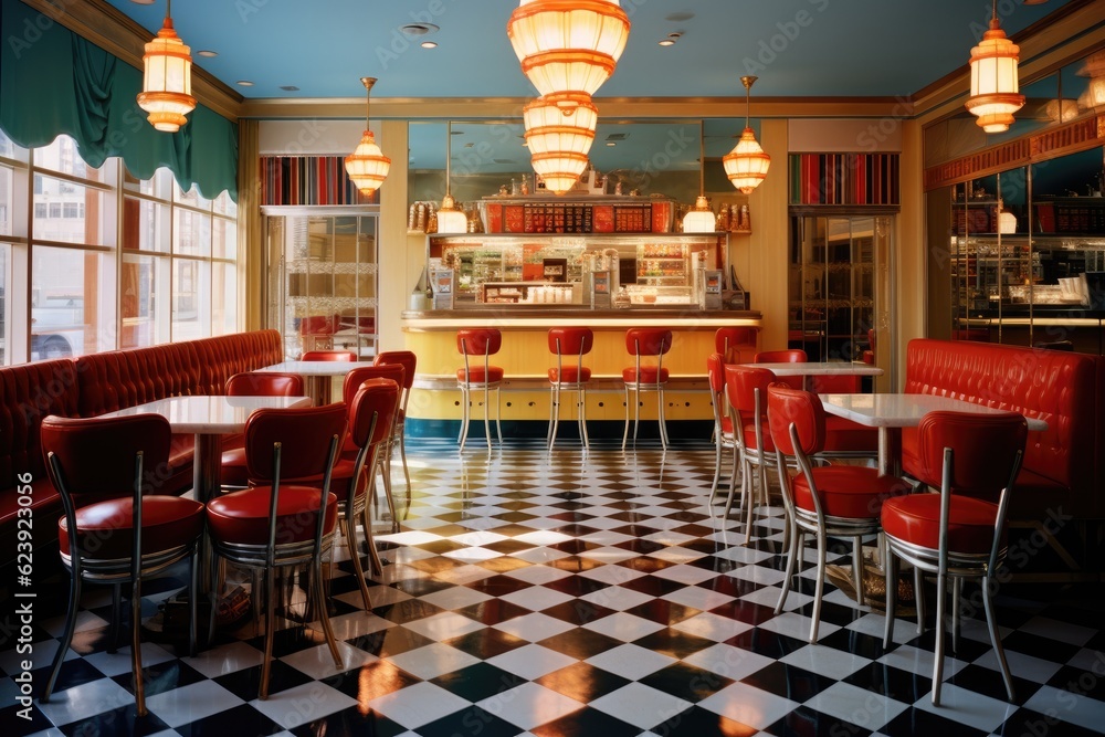 Canvas Prints A restaurant with a checkered floor and red booths. Generative AI.