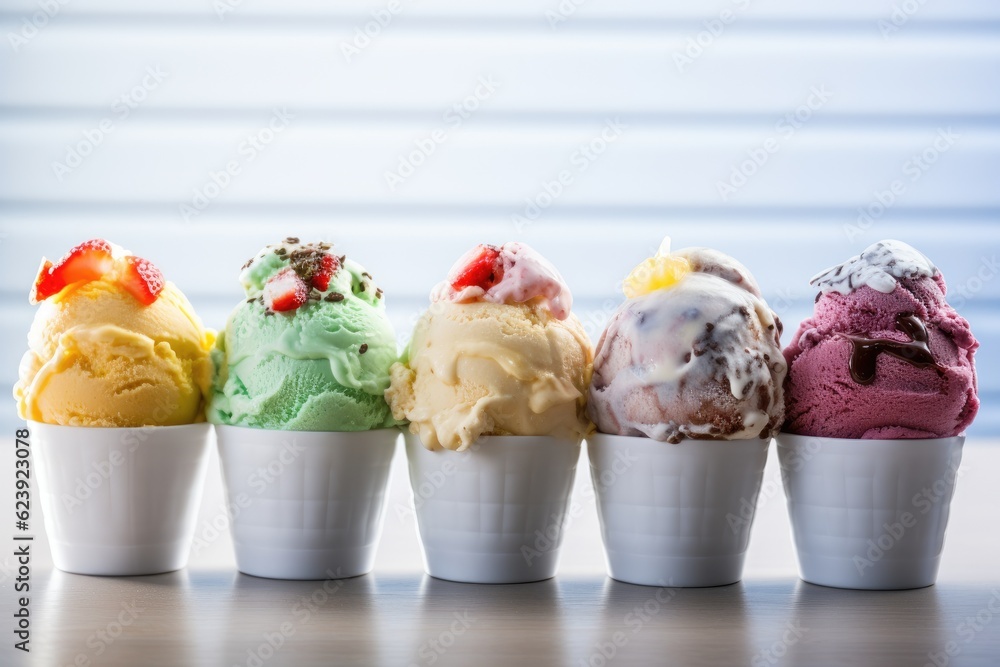 Poster a row of ice creams with strawberries on top. generative ai.