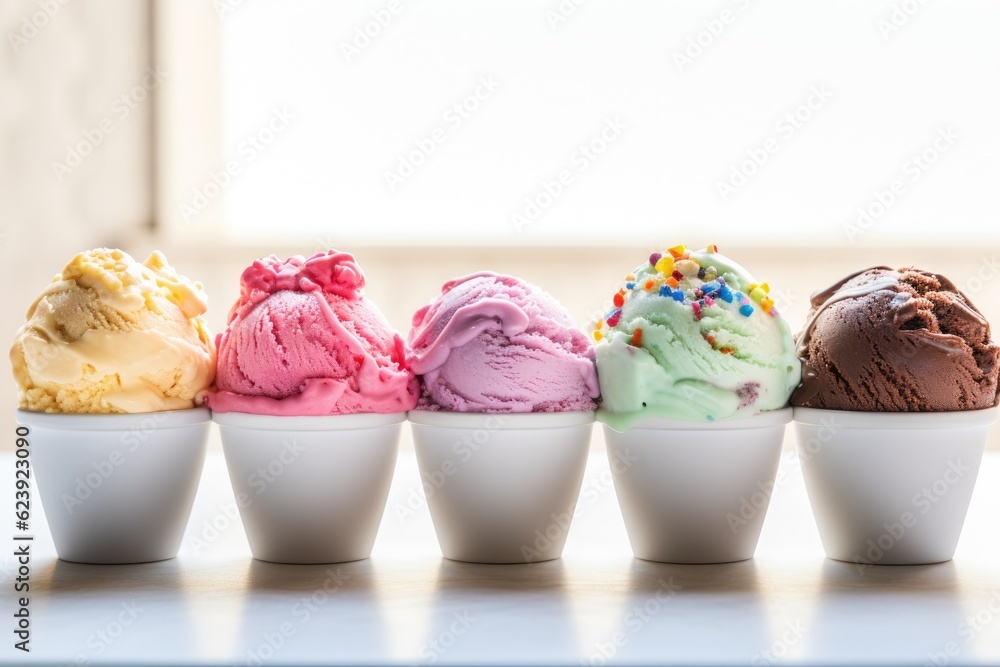 Poster a row of different colored ice creams in small cups. generative ai.