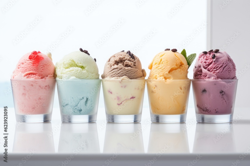 Poster a row of different ice creams are on top of a table. generative ai.