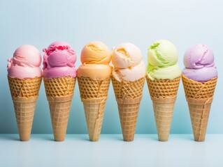 Five ice cream cones lined up in a row. Generative AI.