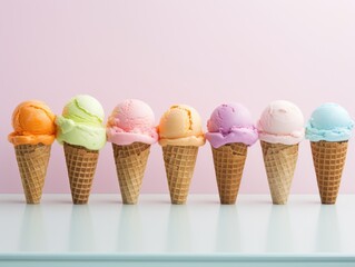 A row of ice cream cones on a table. Generative AI.