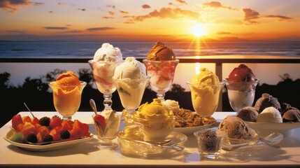 A table topped with lots of different types of ice cream. Generative AI.