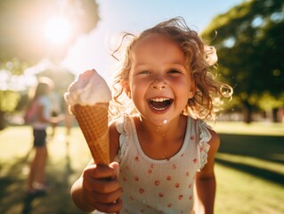 A little girl holding an ice cream cone. Generative AI.