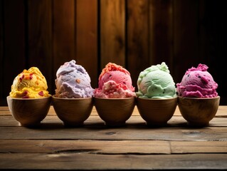 A row of wooden bowls filled with different colored ice cream. Generative AI.