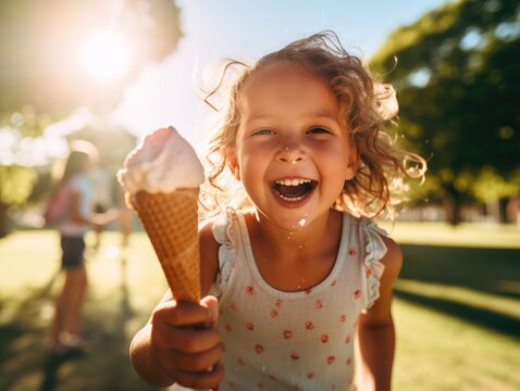 A little girl holding an ice cream cone. Generative AI. - Powered by Adobe