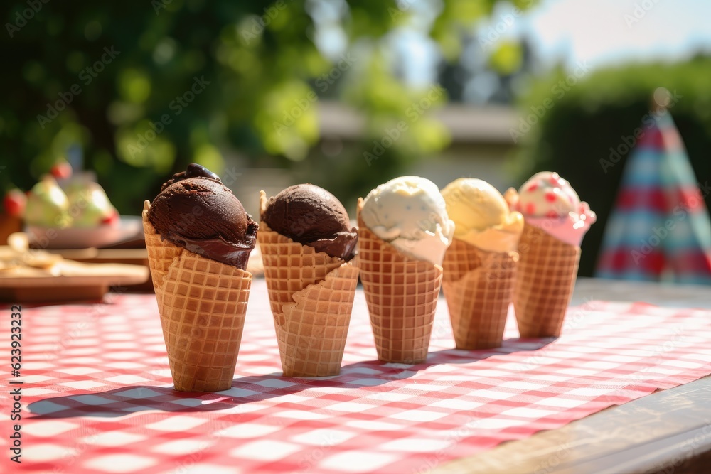 Poster a row of ice cream cones sitting on top of a table. generative ai.