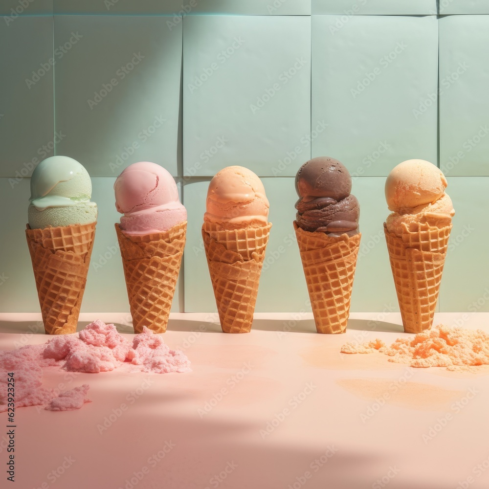 Aufkleber a row of ice cream cones sitting on top of a counter. generative ai.
