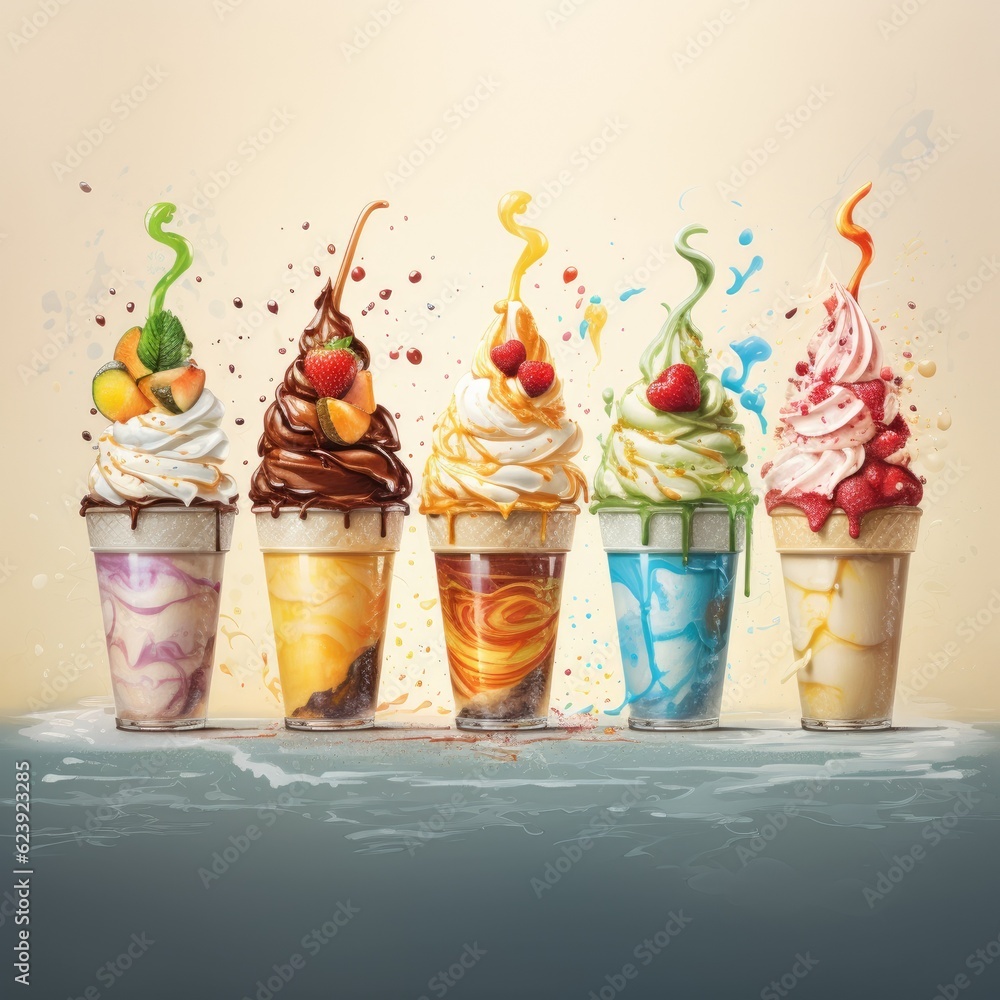 Poster a row of ice cream sundaes with different toppings. generative ai.