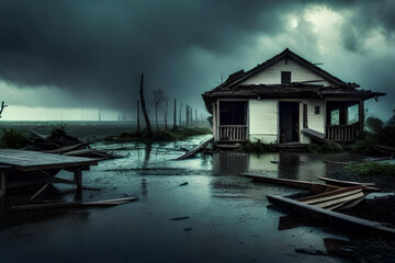 The flash flood disaster was accompanied by thick black clouds on a dark day. Flooded house on scattered buildings