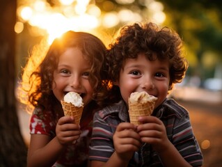 Two children eating ice cream cones in a park. Generative AI.