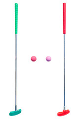 Minigolf putters in different sices with balls isolated on white background / Mini Golf Material / Mini golf clubs with balls isolated	
