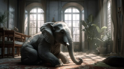 Baby elephant sitting in room and watching city. Generative AI