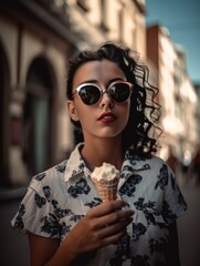 A woman wearing sunglasses holding an ice cream cone. Generative AI.