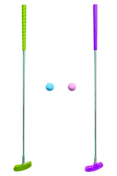Minigolf putters in different sices with balls isolated on white background / Mini Golf Material / Mini golf clubs with balls isolated	
