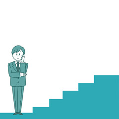 A man at the bottom of the stairs pondering how to climb