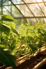 Naklejka premium Greenhouse with a variety of greens and vegetables that grow lush in a protected environment. Generative AI.