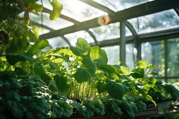 Greenhouse with a variety of greens and vegetables that grow lush in a protected environment. Generative AI.