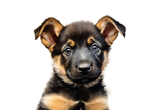 Close up portrait of cute German Shepherd puppy dog isolated on white background. Digital illustration generative AI.