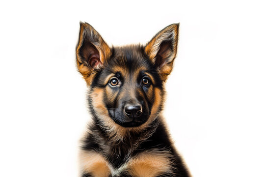 Cute young German Shepherd puppy dog isolated on white background. Headshot of dog studio photo. Digital illustration generative AI.