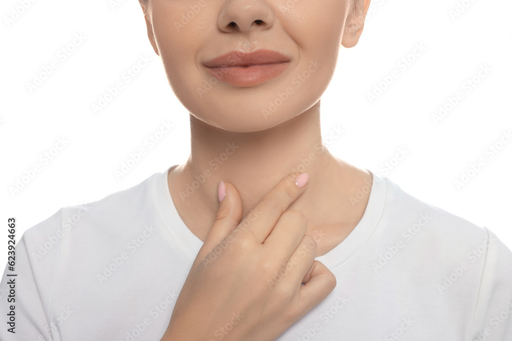 Sticker Endocrine system. Woman doing thyroid self examination on white background, closeup