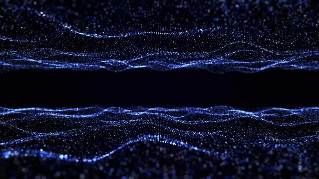 High blue abstract internet data space creative design. Dots sea waves floating cyberspace background loop. Global network slow waving ocean concept seamless backdrop. Place for text title.