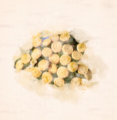 Watercolor effect on a photo of a group of pale yellow wildflowers highlighted by green leaves.
