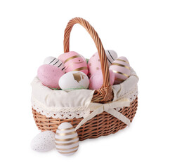 Wicker basket with beautifully painted Easter eggs isolated on white