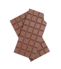 Delicious milk chocolate bars on white background, top view