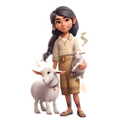 3d illustration of a cute little girl with a goat on a white background
