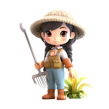 Cute asian farmer with a pitchfork and a banana plant