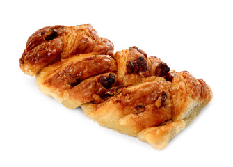 Tasty sweet bun with raisins isolated on white. Fresh pastry