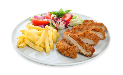 Plate of delicious cut schnitzel with french fries and vegetable salad isolated on white