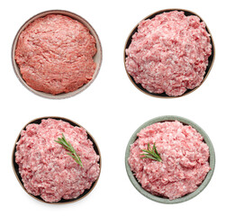 Set of fresh raw minced meat in bowls on white background, top view