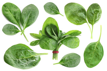 Collage with green baby spinach leaves on white background